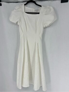 Liyan McAteer Structured Puff-Sleeve White Midi Dress (wedding rehearsal dinner)